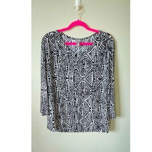 Chico's Travelers Size 2 Black White Geometric 3/4 Sleeve Top Large L 12 14